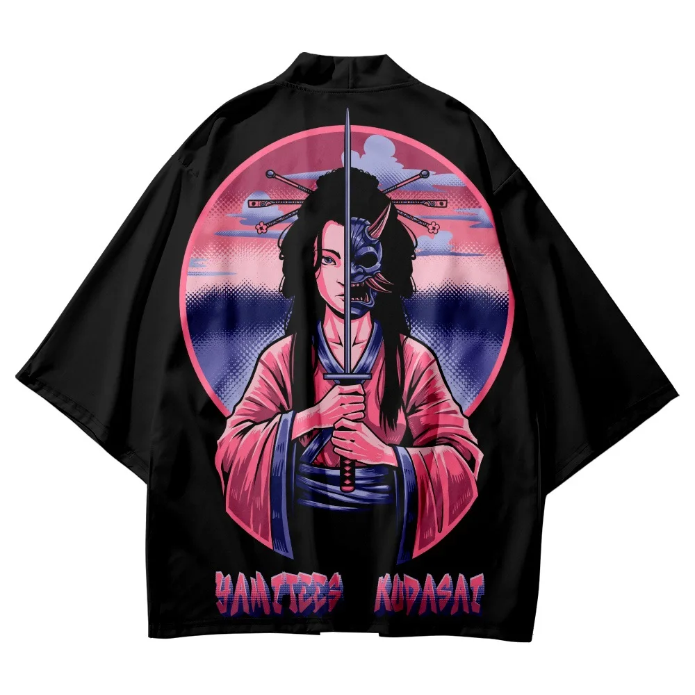 

Streetwear Japanese Samurai Print Cardigan Kimono Beach Yukata Harajuku Anime Men Women Haori Robe Clothes Plus Size