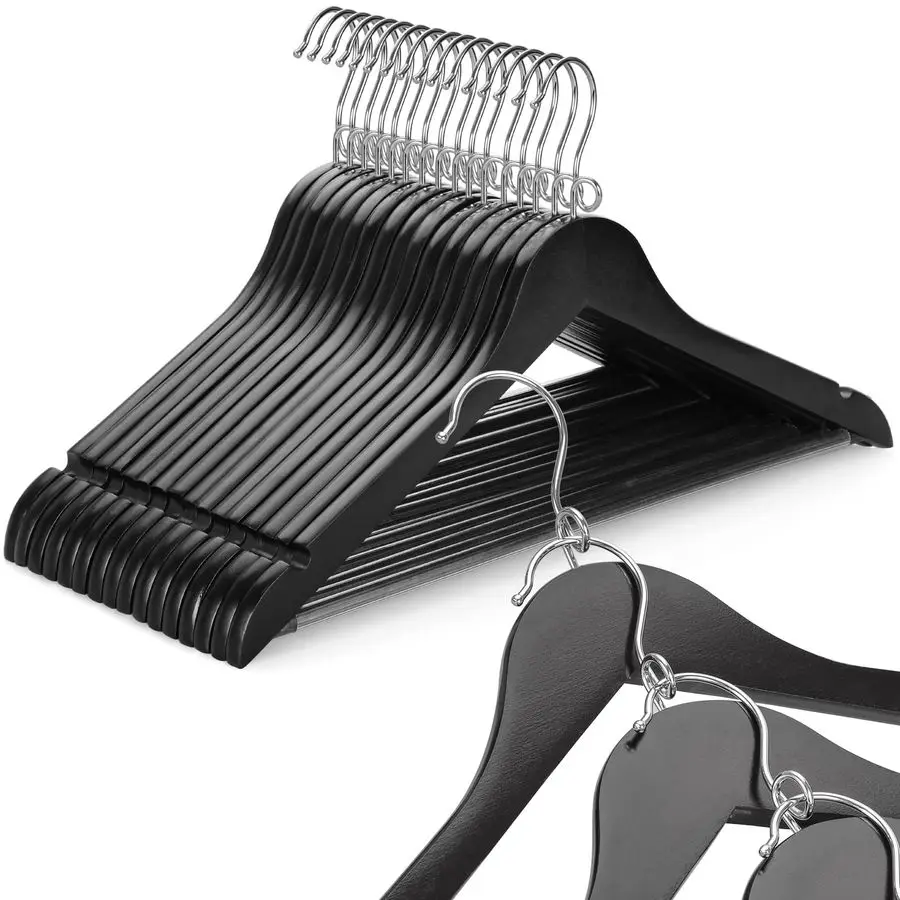 

Черные деревянные вешалки, 30 штук, компактные вешалки для одежды с поворотным на 360° крючком-петлей, нескользящей планкой для брюк и выемками для плеч