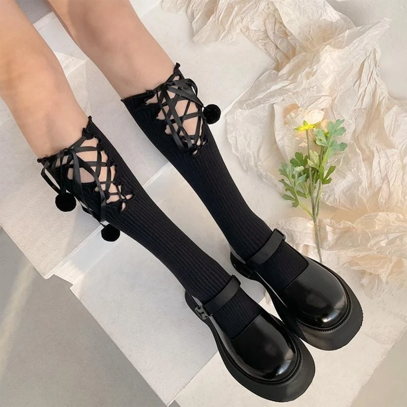 المرأة لوليتا مضلع القطن العجل الجوارب الكرة القطيفة للصليب Bowknot جوفاء Stocki 15UB #1