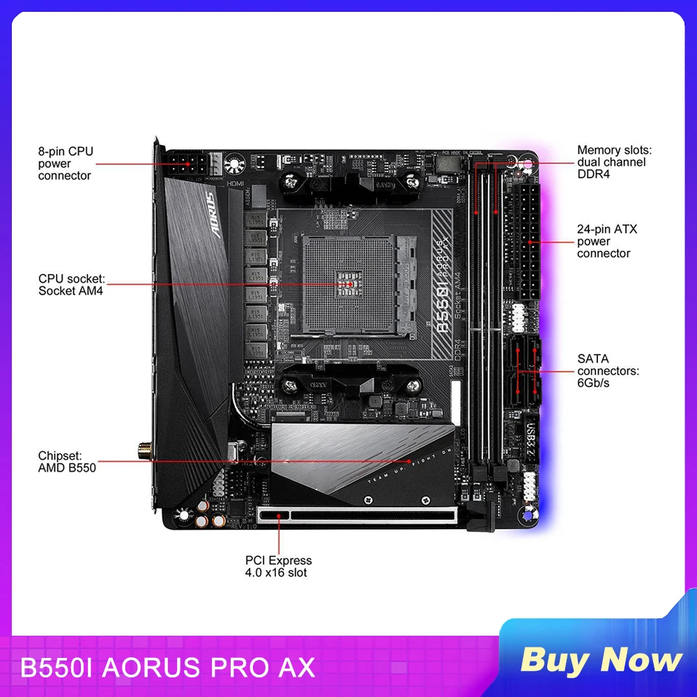 

Настольная материнская плата для Gigabyte B550 AM4 DDR4 64 ГБ PCI-E 4,0 Mini-ITX B550I AORUS PRO AX