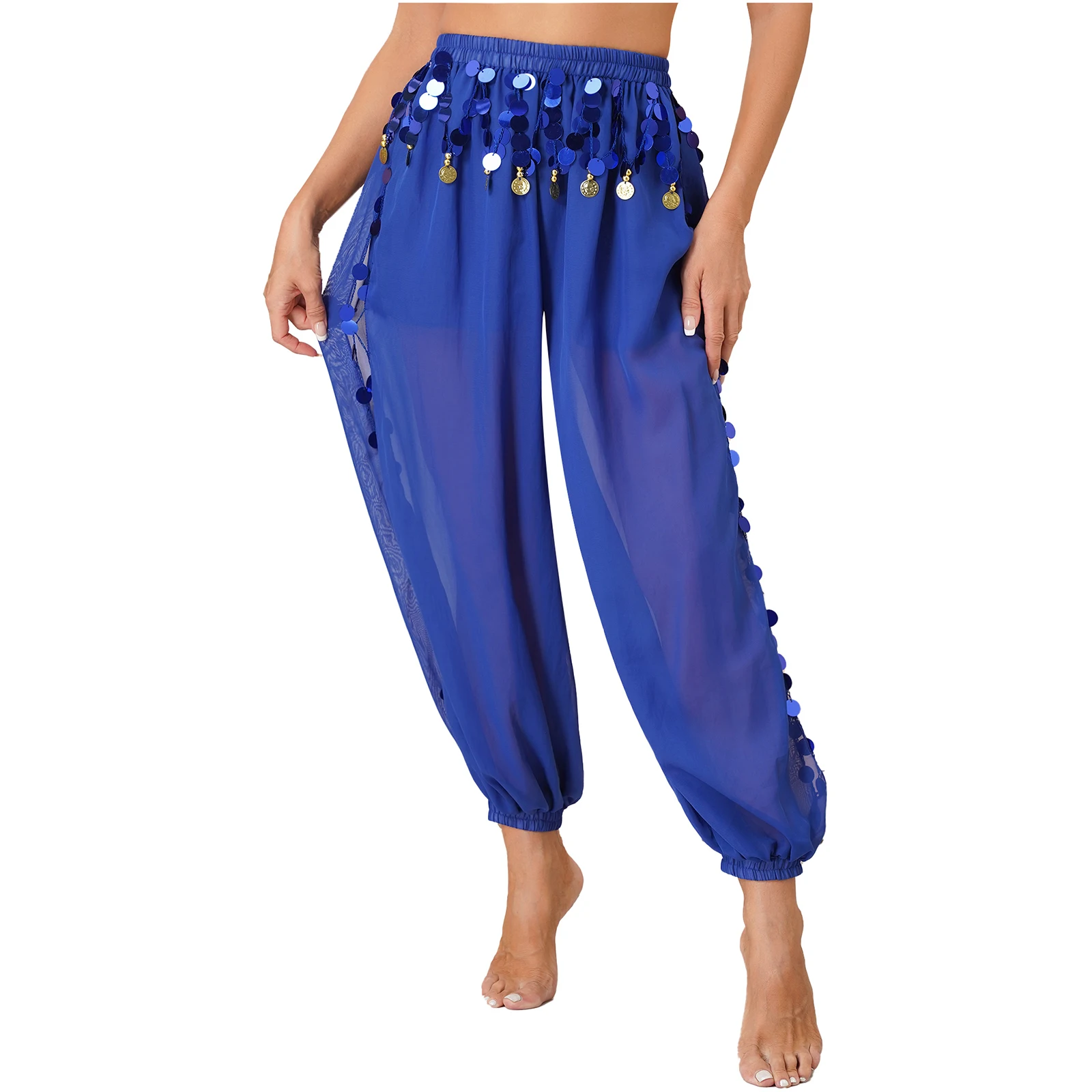 Womens Arabic Belly Dance Pants Stage Performance Costume Side Split Sequins Bloomers Semi See-Though Loose Harem Pants