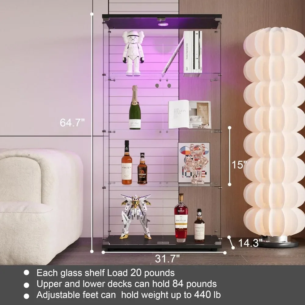 XMSJ Glass Cabinet with LED Lights, 4 Shelf Glass Display Cabinet with 2 Doors, Storage Cabinet, Floor Standing Bookshelf Cabine