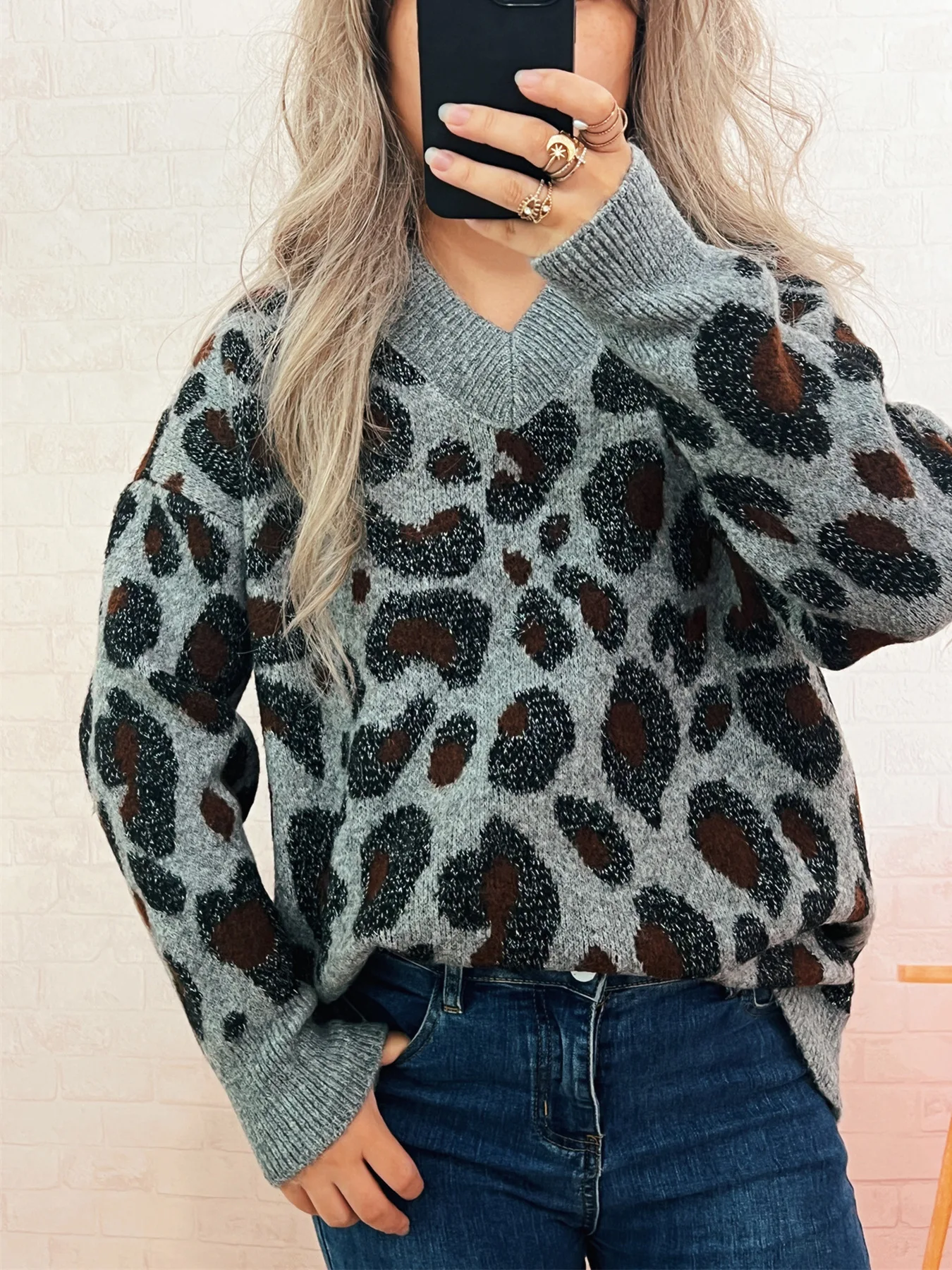 

Fashion Sweater Leopard Print Casual Comfortable Loose Street Style Winter Clothes Woman Knitted Long Sleeve V-neck Pullover Top
