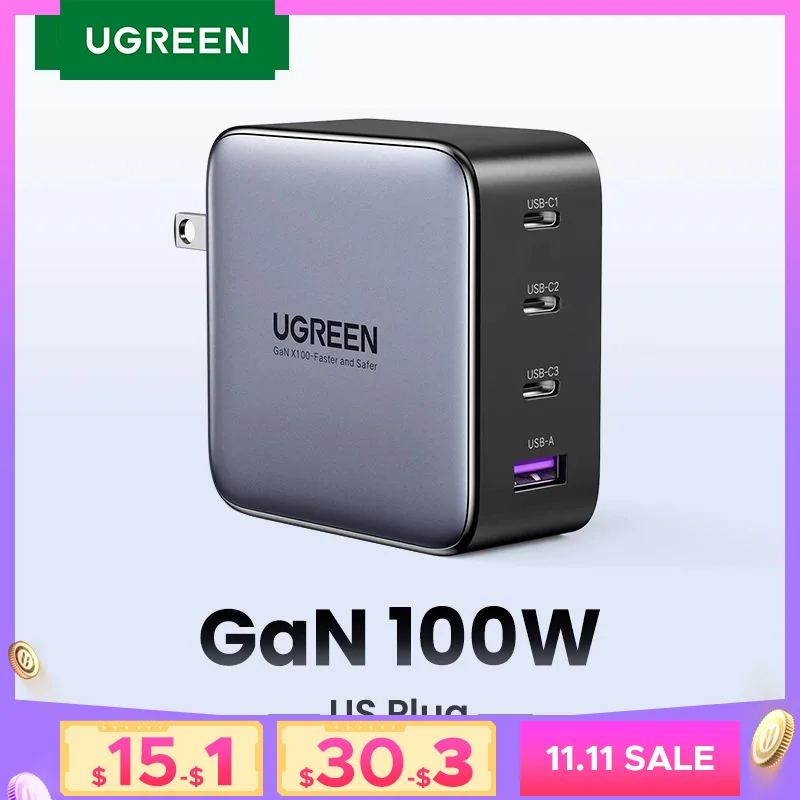 【US Plug】UGREEN 100W GaN Charger USB C Charger QC4.0 3.0 Quick Charge For Macbook Laptop Tablet PD Fast Charger For iPhone 15 14