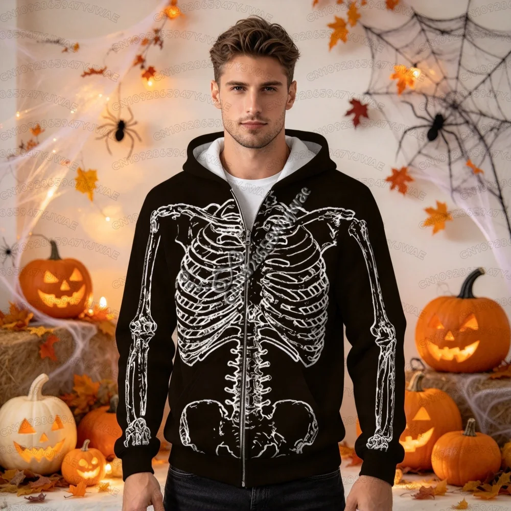 2026 Women Halloween Skeleton Ribcage Graphic hoodies Y2k Alt Goth Punk Distressed Skull Bone Print men Women hooded hoodies