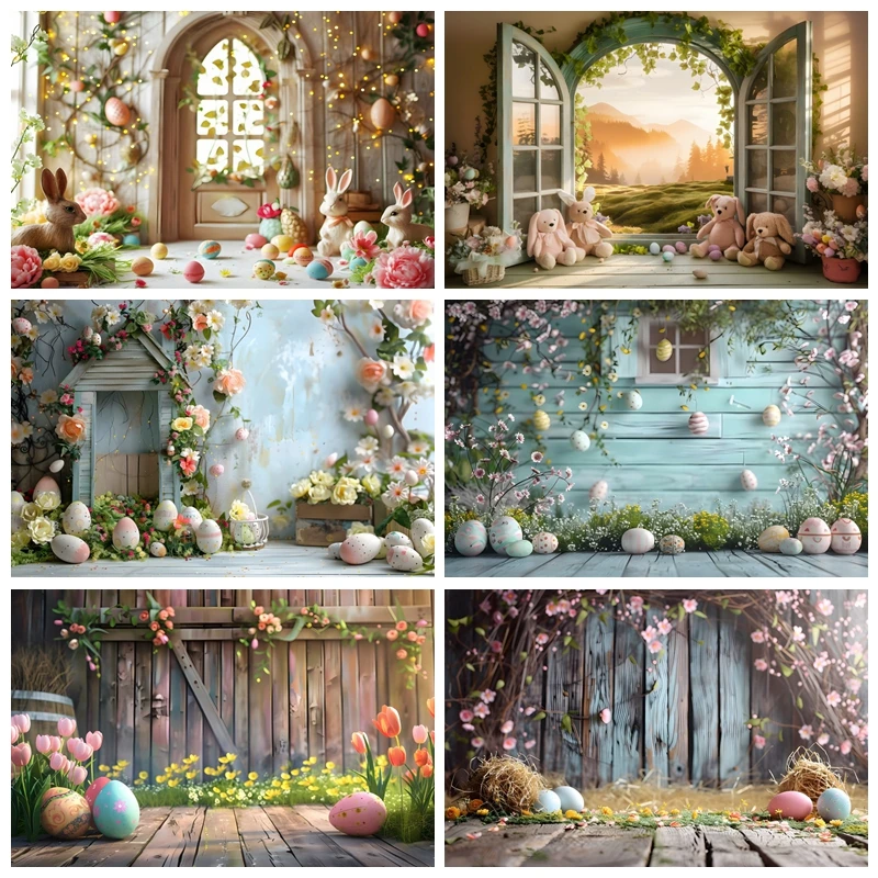 

Happy Easter Photography Backdrop Spring Natural Scenery Garden Rabbit Eggs Bunny Easter Kids Portrait Photo Background Decor