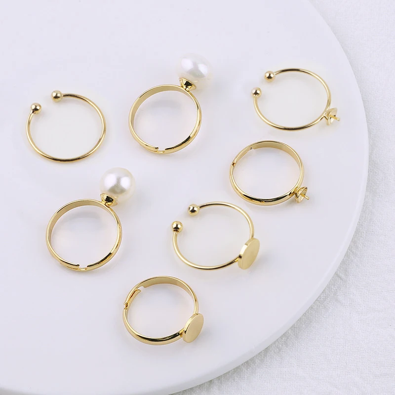 4Pcs Copper 18K Gold Plated  Adjustable Flat Circle Pad Ring Base Bezel Bowl Needle Setting For Diy Handmade Ring Jewelry Making