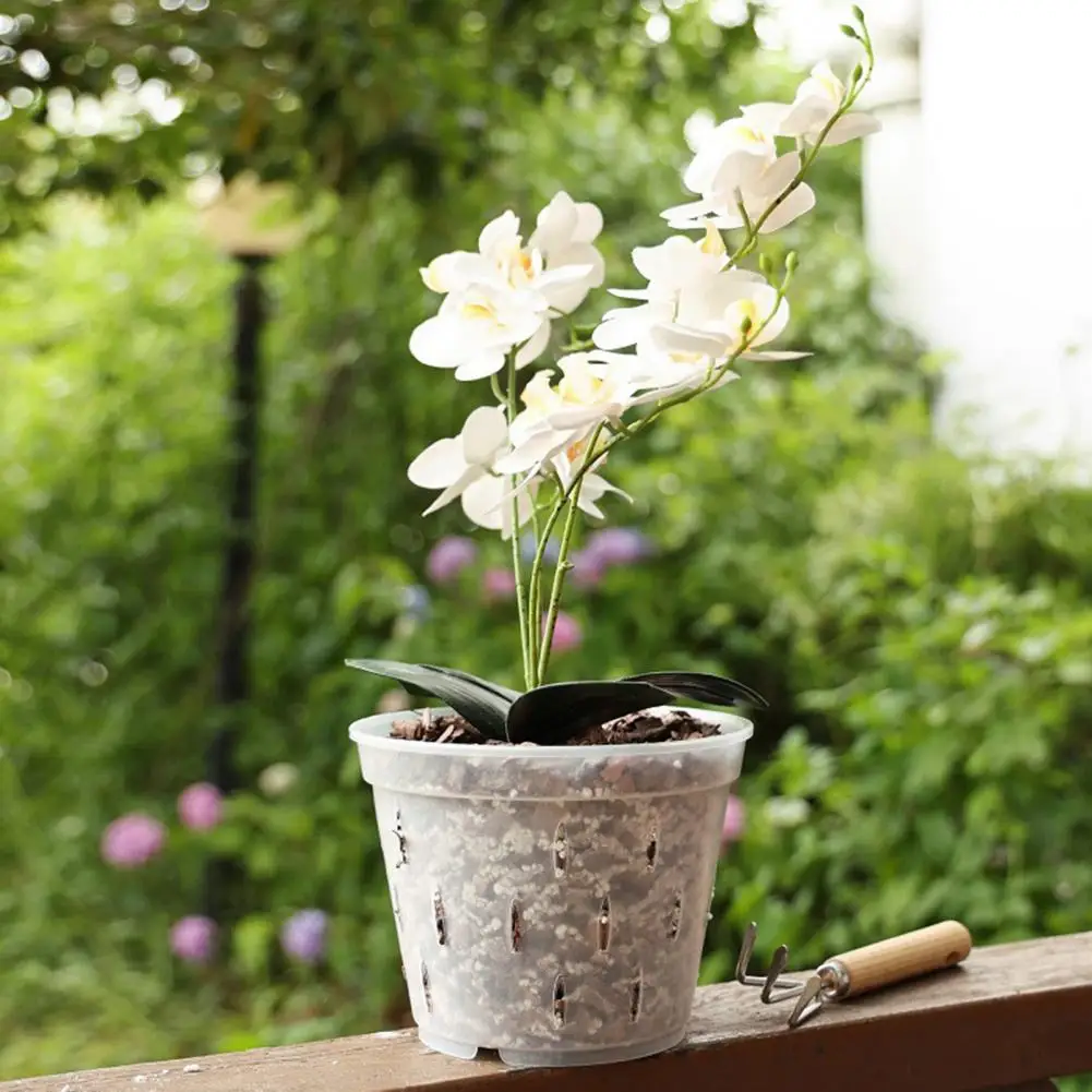 2Pcs Flowerpot Transparent Orchid Pots Flower Pot Side Holes Reusable Plastic Orchid Flower Planters with Trays Plant Container