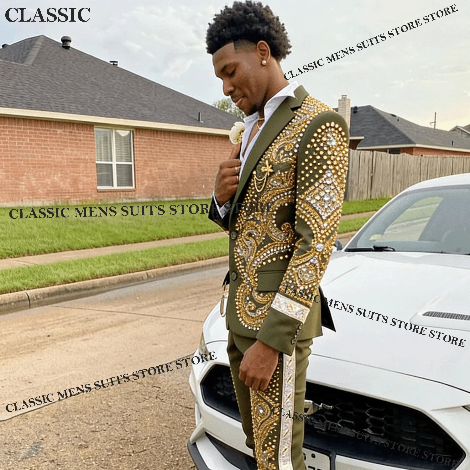 Rhinestones Crystals Exquisite Men Wedding Tuxedos Slim Suits Fit Formal Ropa hombre 2 Pieces Sets Groom Male Blazers Customized