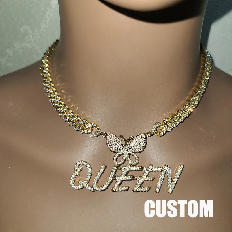 

Customized Name necklace with Butterflyhook Connect with 9MM Rhinestone Cuban Chain Hip Hop Jewelry Birthday Gift Drop Shipping