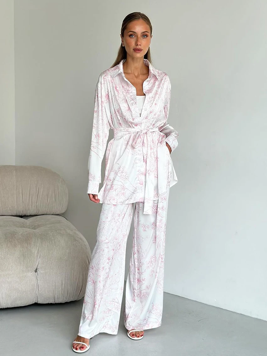 Marthaqiqi Printing Female Nightgown Suit Long Sleeve Pajama Turn-Down Collar Sleepwear Pants Causal Women Nightwear 2 Piece Set