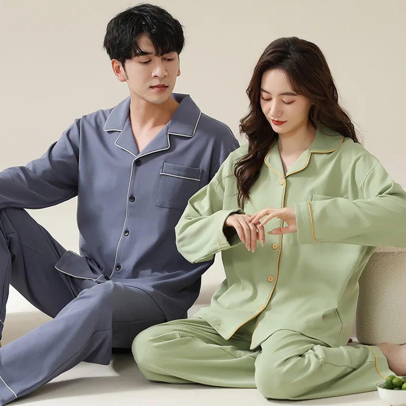 Ensembles de pyjamas en coton pour couple, cardigan pour jeunes étudiants, vêtements de nuit monochromes pour hommes et femmes, vêtements de maison pour documents, style ins, printemps et automne