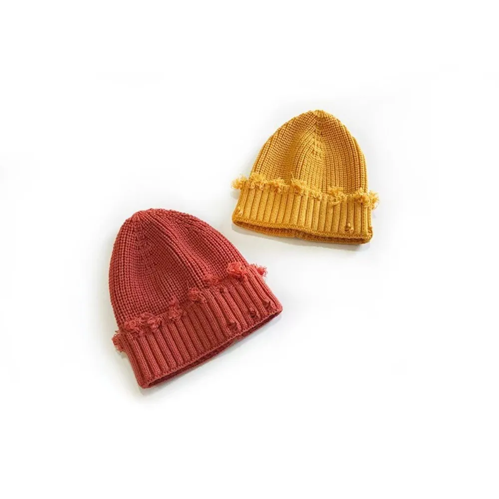 New Dilapidated Hole Knitted Hat Solid Color Ear Protection Hip-Hop Hat Thickened Pompoms Hat Winter