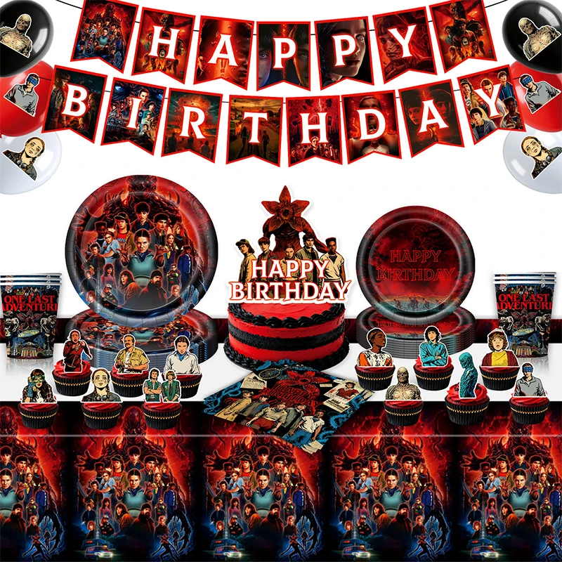 Decoração de Festa de Aniversário Infantil Demogorgon Chomper, Utensílios de Mesa Descartáveis, Toalha de Mesa, Balões, Bandeiras e Suprimentos para Festa