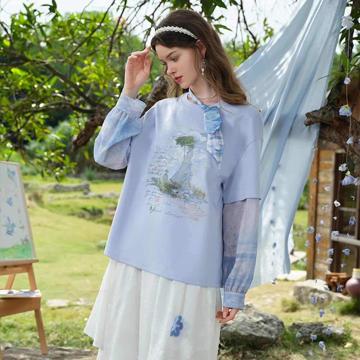 Spring/Autumn Chic Soft Focus Oil Painting Print Tie-Up Patchwork Sleeve Loose Fit Faux Two-Piece T-Shirt