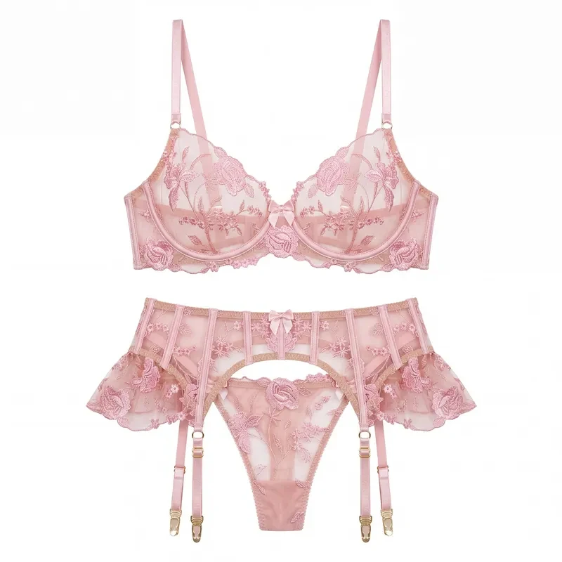 Women Lingerie Set Sheer Mesh Babydoll Lace Garter Belt Suspender Sexy Transparent Nightwear Valentine Day Bridal Honeymoon Suit