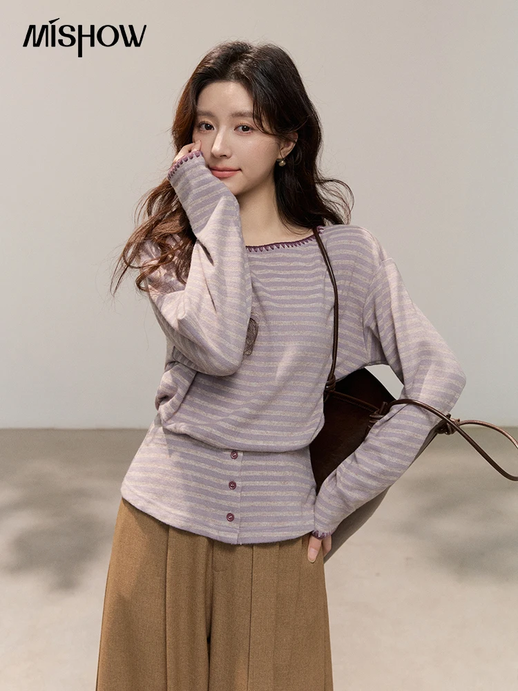 

MISHOW Women's Purple Striped Boat Neck Waist Sweater 2026 Spring Contrast Trim Button Detail Casual Knitted Tops MXF14Z3005