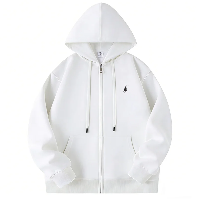 

2026 Embroidered men's new long sleeved cotton solid color zipper couple hooded sweatshirt pullover fashionable top
