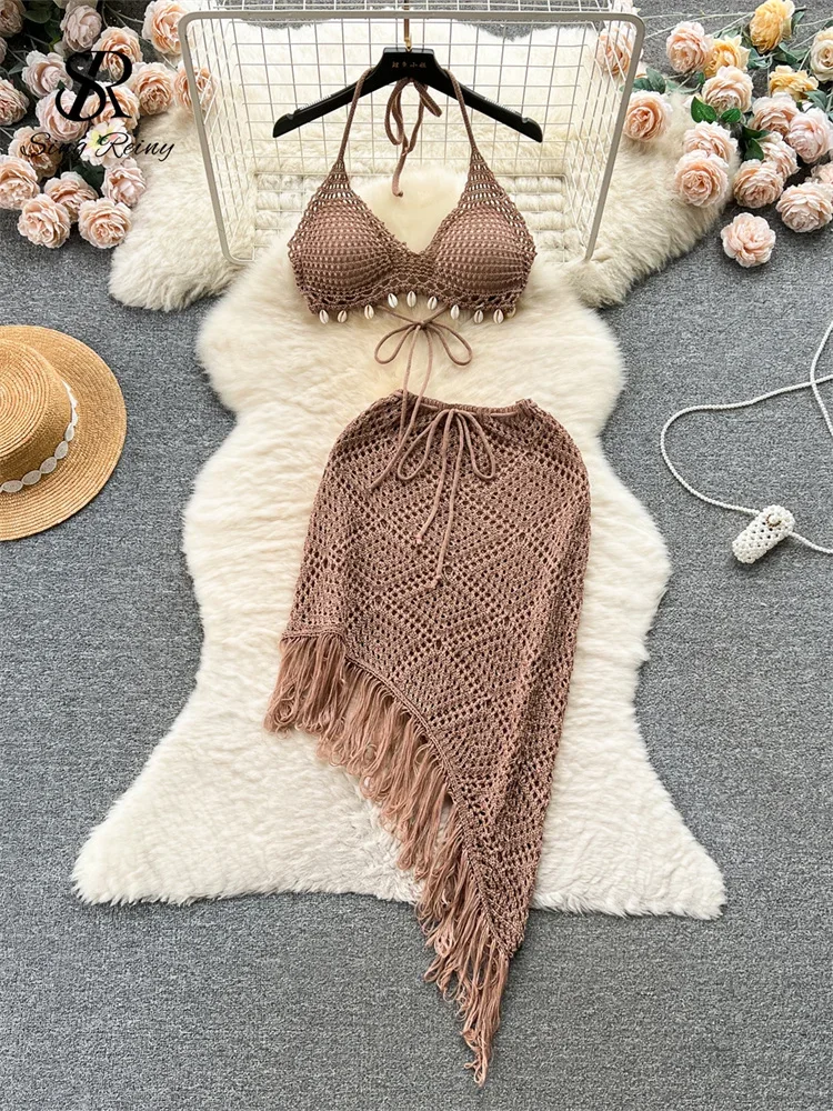 

2024 New Vacation Sexy Suits Strapless Halter Backless Bikini+Drawstring Tassel Skirt Women Beach Knitted Two Pieces Suits