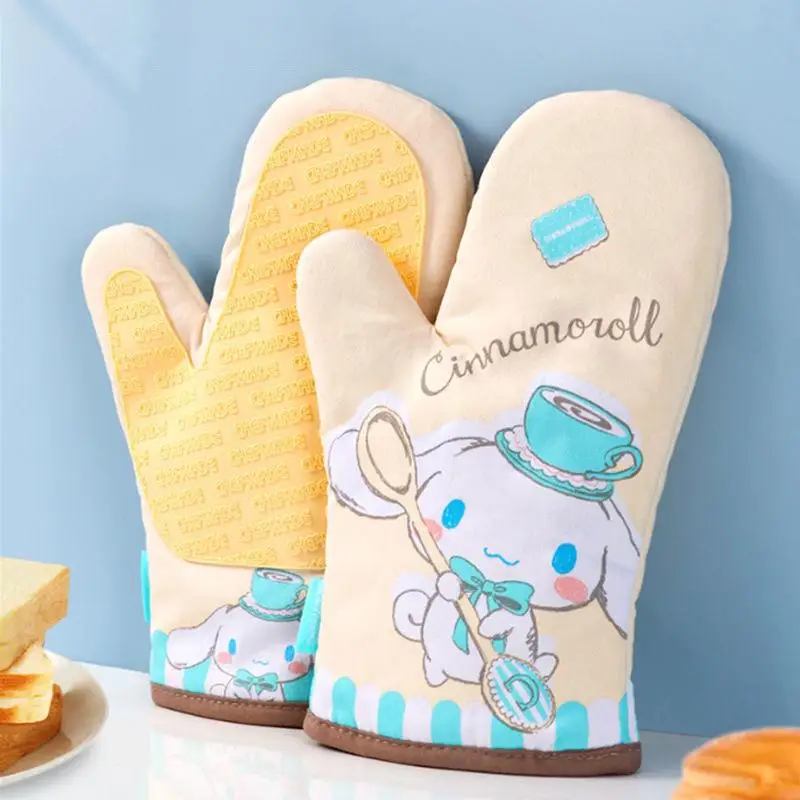 Kawaii Sanrio Hello Kitty Anti Scald Gloves Cinnamoroll Household Oven Silicone Non Slip Insulated Baking Gloves Kitchen Supply