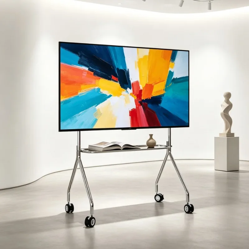 Mobiler TV-Ständer Rollwagen für 32-75 Zoll Fernseher, Edelstahl-Ablagefach, Max. 80kg Belastbarkeit, Keine Wandbohrung Nötig, Einfach zu Bewegen