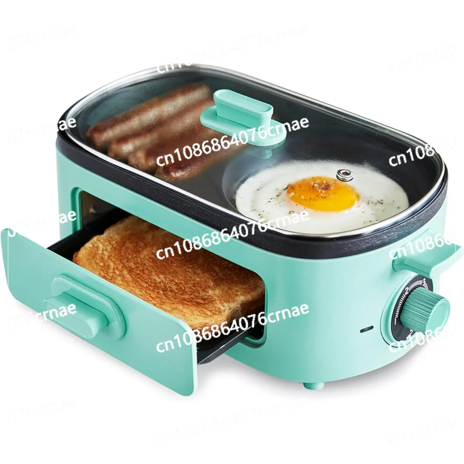 3-in-1 Breakfast Maker Station, Ceramic Nonstick Dual Griddles & Breakfast Sandwiches, 2 Slice Toast Drawer, Turquoise curtain