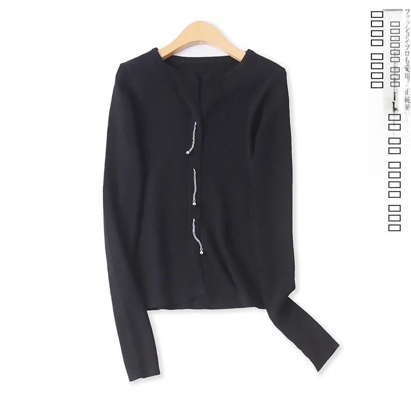 

High Elastici Long Sve Knitted Sweater Women's Autumn New Sle Cuffed Neline Decorative Chain Slim Fit Base Layer