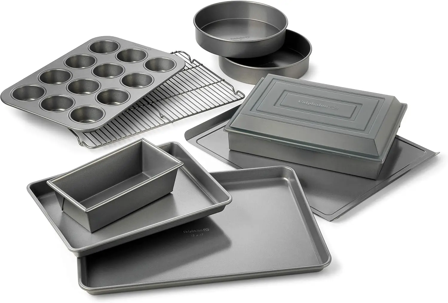 

10-Piece Nonstick Bakeware Set, Includes Baking Sheet, Cookie Sheet, Cake Pans, Muffin Pan, and More, Dishwasher Safe, Silver