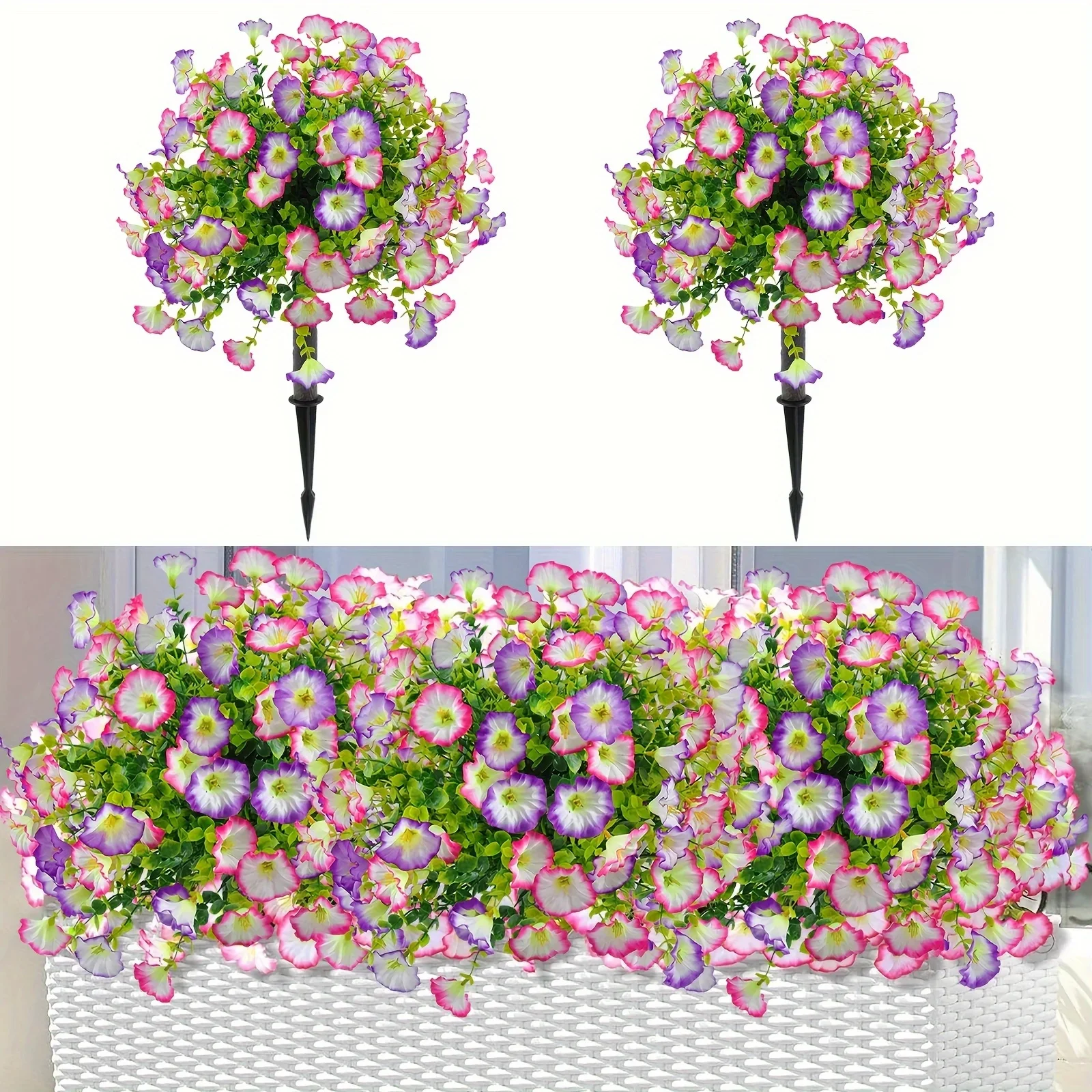

22.4Inch Faux Morning Glory & Violet Bush with Stake, UV Protected Outdoor Decor for Garden Porch Home