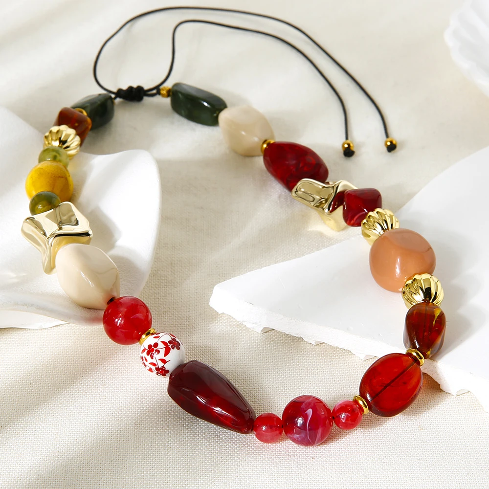 

INS Irregular Ceramic & Acrylic Beaded Necklace Handmade with Adjustable Drawstring Chain Trendy Layering Jewelry for Women