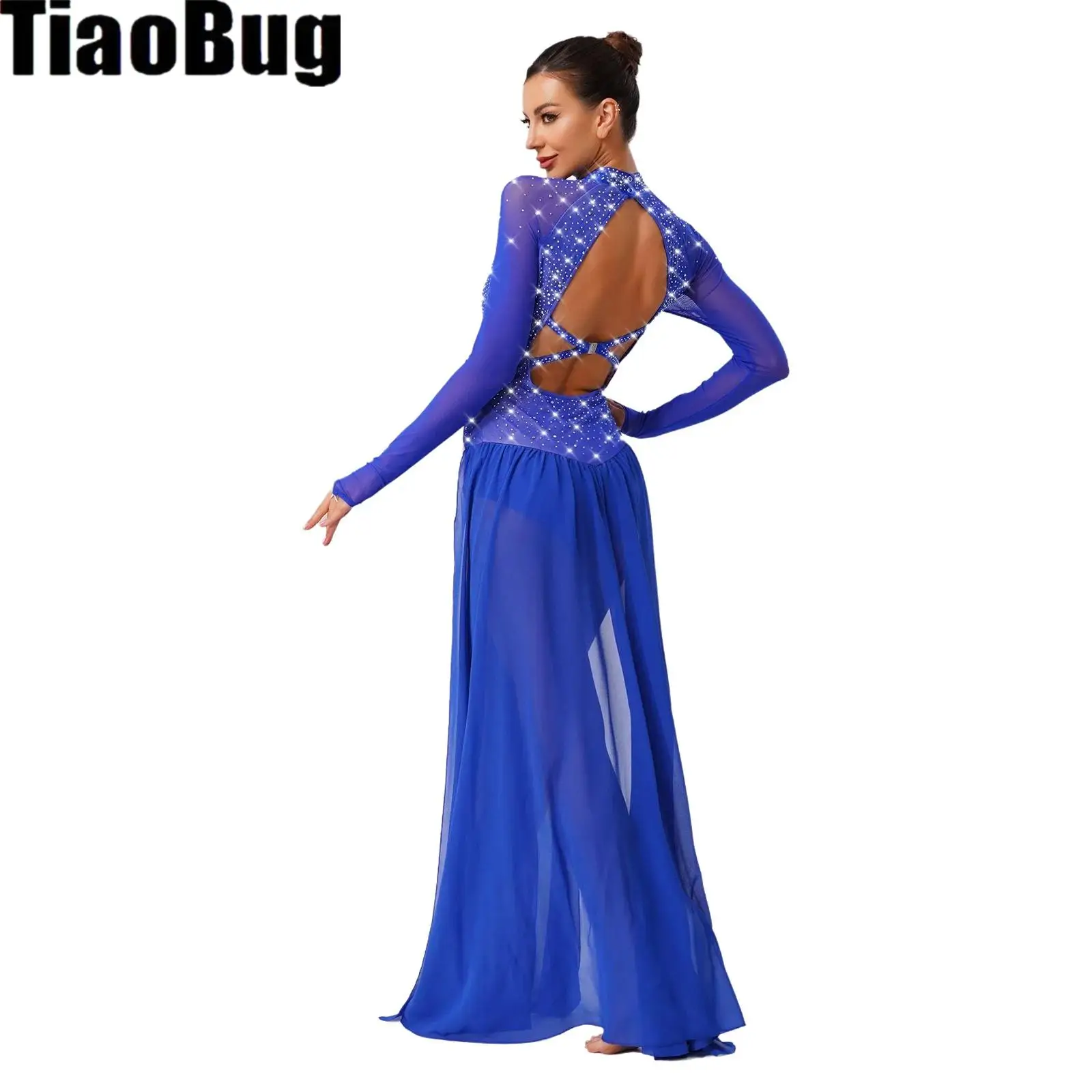 

Women Rhinestone Lyrical Dance Dress Long Sleeve Backles Chiffon Slit Ballet Gymnatic Leotard Modern Contemporary Dance Costume