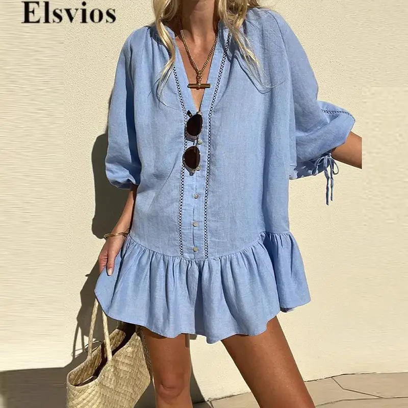 Fashion Mid Button Mini Shirt Dresses 2024 Elegant Women V Neck Puff Sleeve Party Dress Casual Solid Color Loose Ruffles Dress