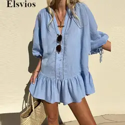 Fashion Mid Button Mini Shirt Dresses 2024 Elegant Women V Neck Puff Sleeve Party Dress Casual Solid Color Loose Ruffles Dress