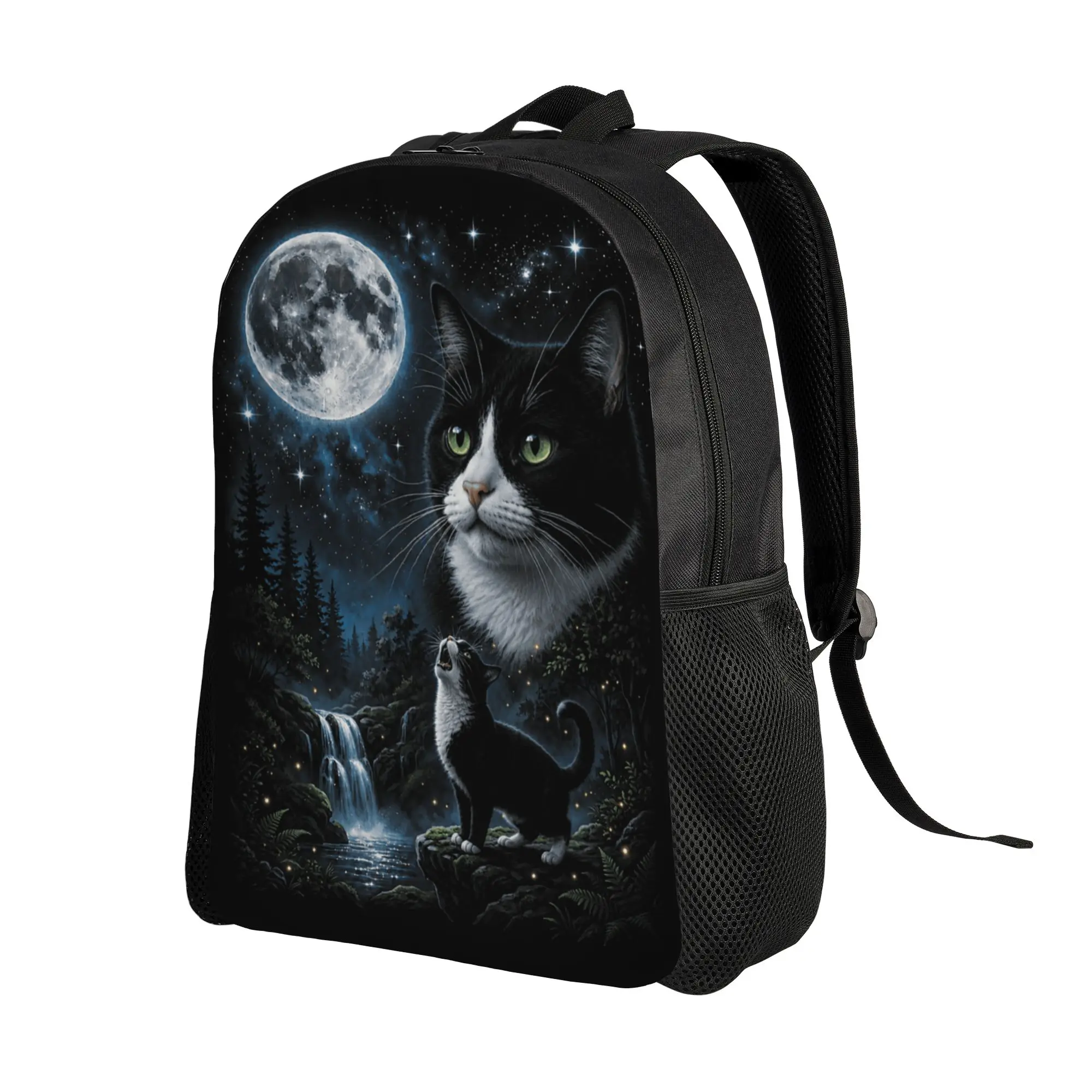 Tuxedo Howling at Moon 90’s Retro Nature Forest Cat Lovers Backpack  Outdoor Style Backpacks Youth Designer High School Bags