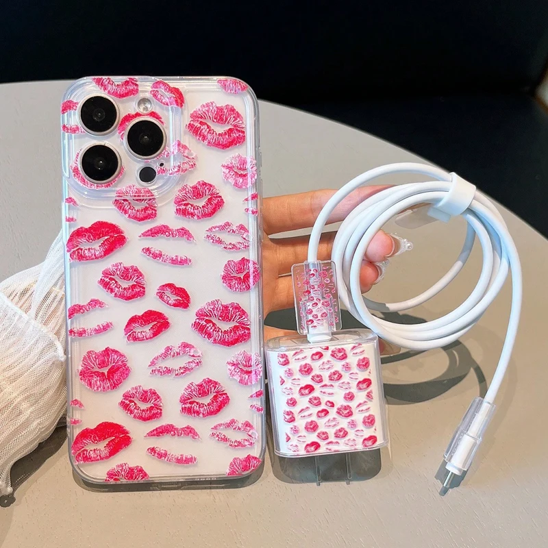 Lip Print Pattern Charger Protective Cover, Suitable for iPhone Models 12 13 14 15 16, Supports 18W 20W Fast Charging, 3Pcs Set