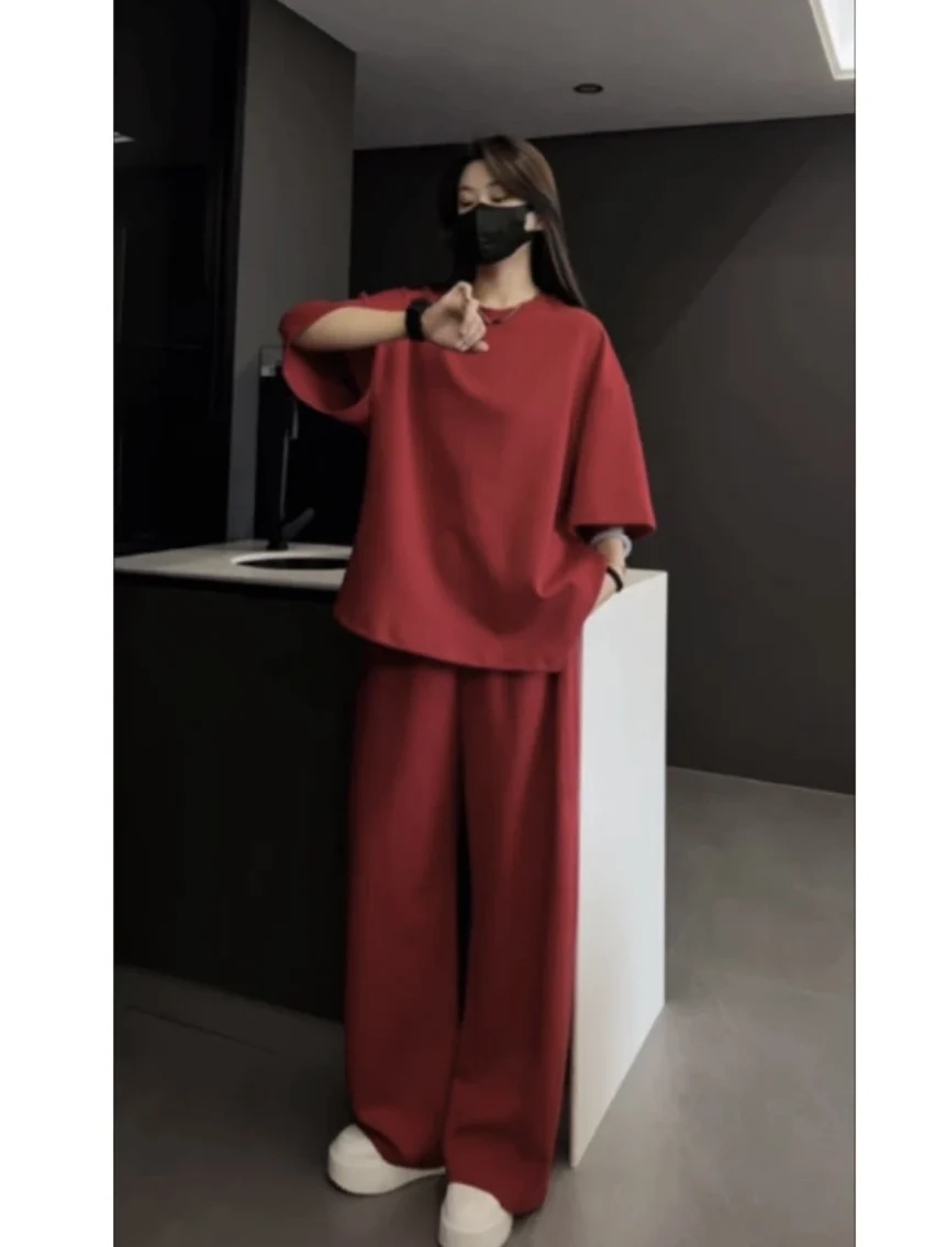 

Oversize Casual Sportswear Set Women Summer American Loose plus Size ort Sve Wide Leg Pants Street Sle Two Piece Set