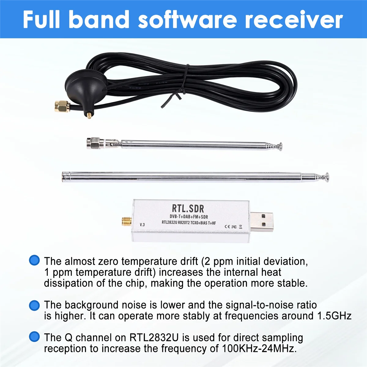 Supernew RTL-SDR Blog RTL SDR Receptor V3 RTL2832U 0.1MHz-1.7GHz TCXO SMA Receptor de radio definido por software con antena