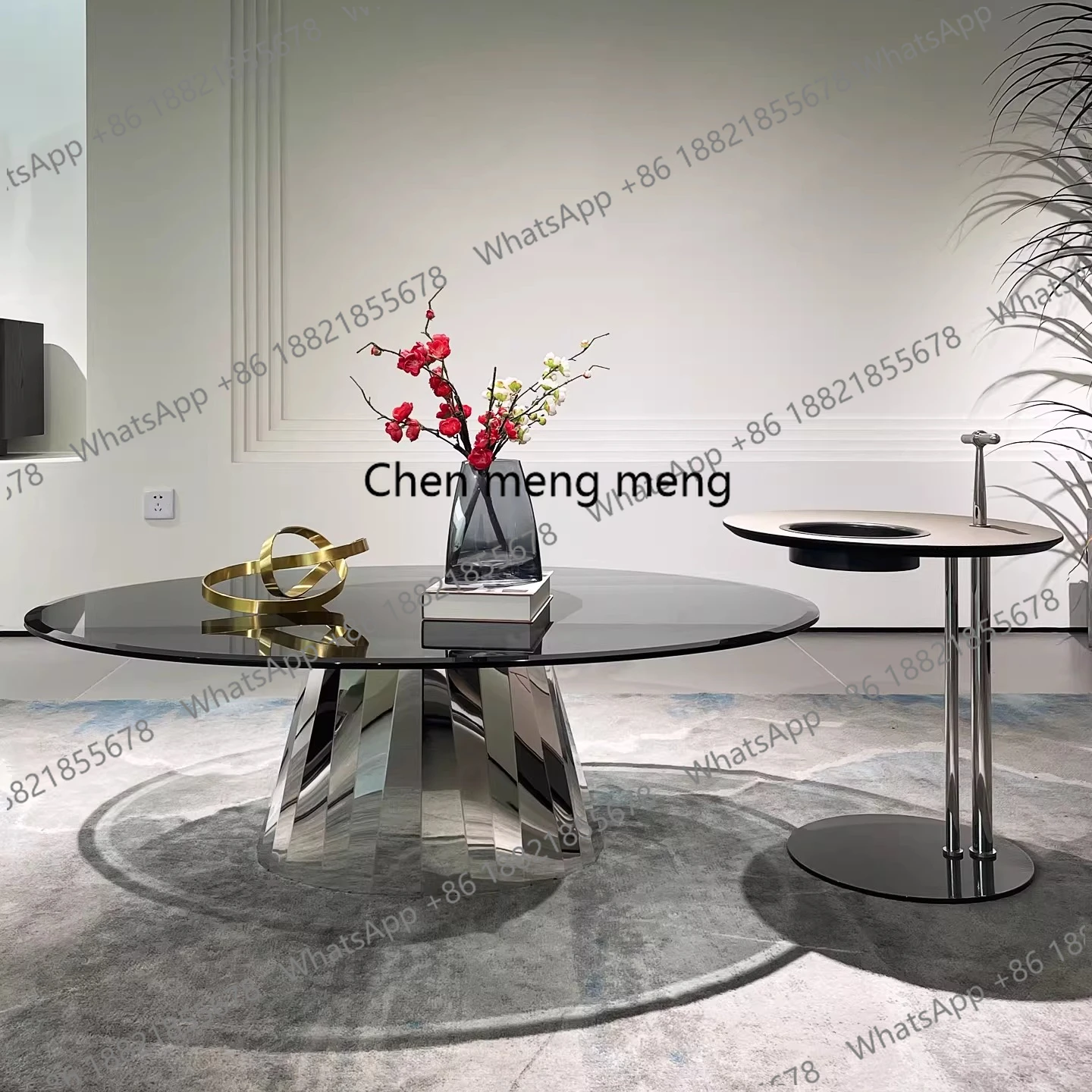 

Designer oval stainless steel Italian minimalist light luxury living room high-end tempered glass coffee table