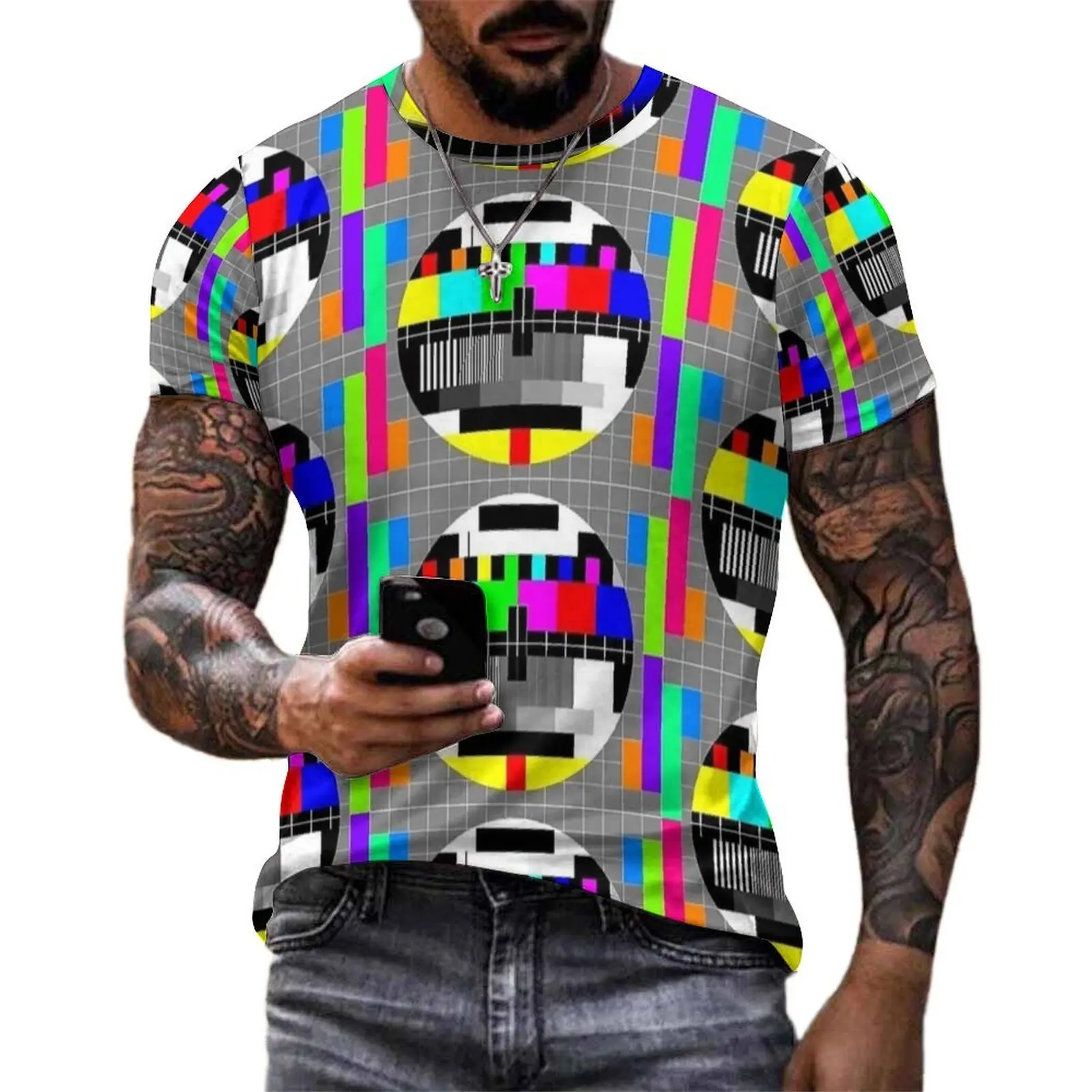 Retro Test Card Print T-Shirt  Awesome T-Shirts O Neck Vintage Tshirt Summer Male Graphic Tees 4XL 5XL 6XL