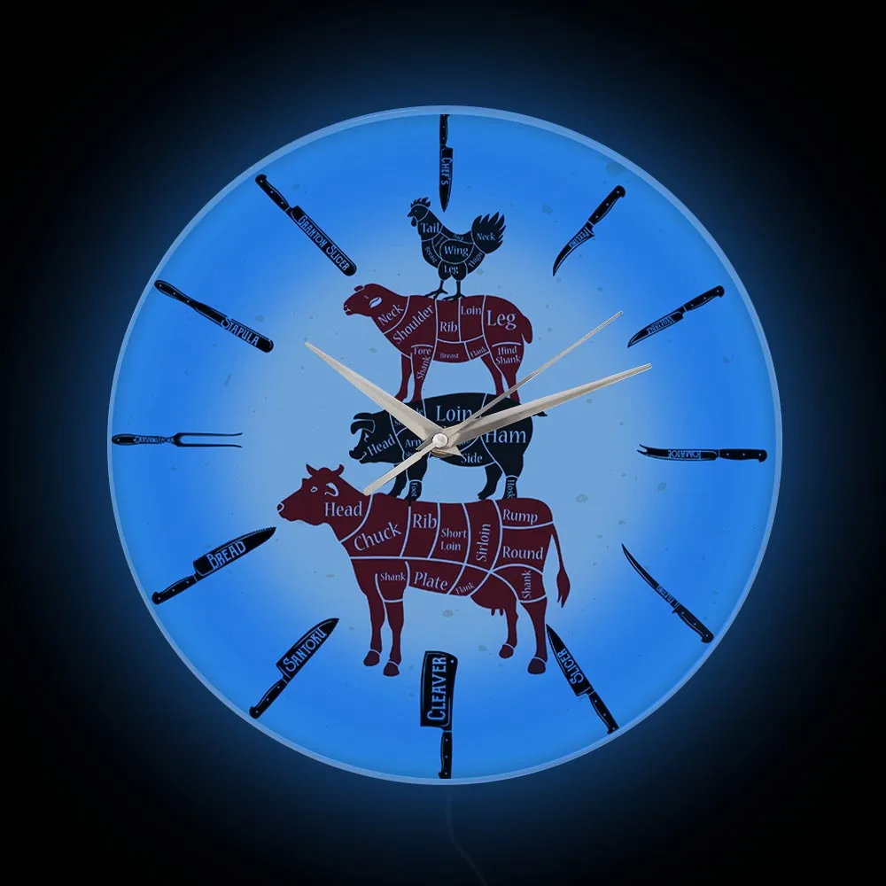 Butcher Knives Meat Cut Diagrams LED Wall Clock For Kitchen Chef Cook Beef Mutton Pork Chicken Modern Design Luminous Wall Watch