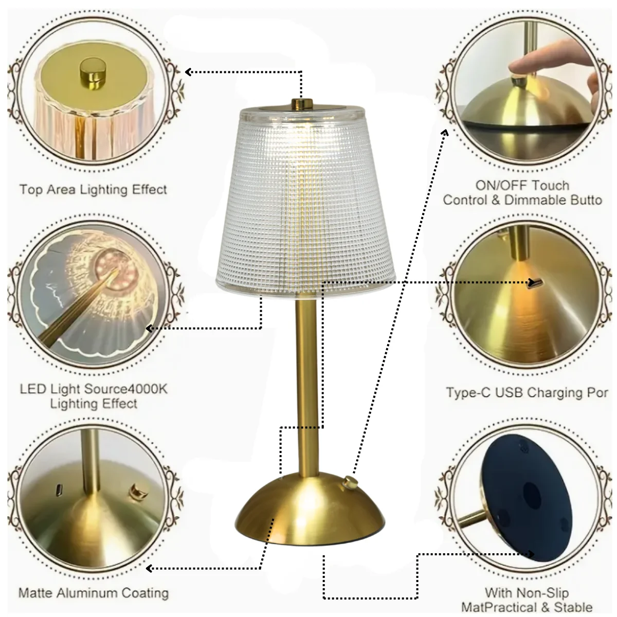 Lámpara de escritorio de cristal LED ajustable, control táctil, ajuste tricolor, con carga USB para decoración del hogar y iluminación nocturna