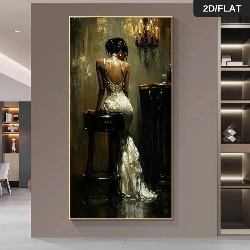 Peinture sur toile sans cadre, motif abstrait moderne et élégant représentant une femme, idéale pour décorer un mur. Impression rétro minimaliste d’une femme vue de dos, sans cadre.
