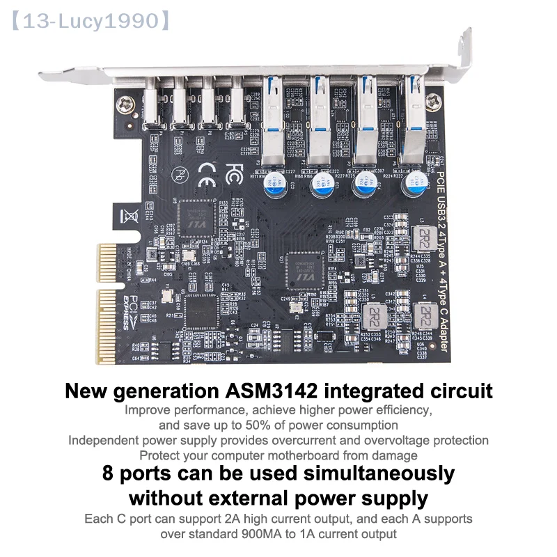 USB3.2 Gen2 10Gbps Expansion Card PCI-E To 4-Port Type-C+Type-A 8-Port Adapter USB HUB Multiplier For Desktop PC