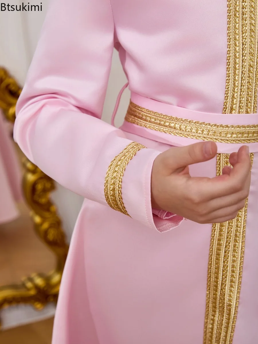 Girls Muslim Ramadan Abaya Kids Clothing Long Sleeve V Neck Prayer Dress Middle East Arabic Kaftan Robe Elegant Sweet Party Gown 6