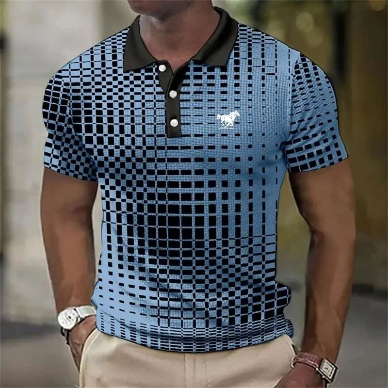 Men's 3D Geometric Plaid Print Polo Shirt, Summer Short Sleeve Black Contrast Collar Casual Golf Polo Tops Fashion Golden Checke