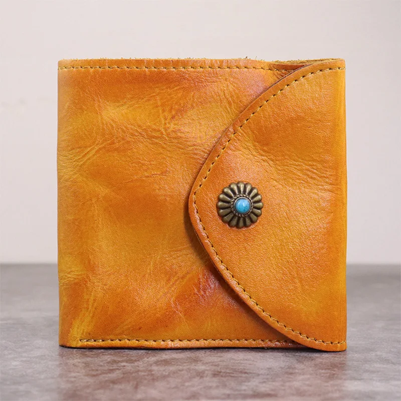 

Folding Wallet Women Genuine Cow Leather Change Coin Purses Credit Card Holder Fashion Tickets Bag Portable Solid Button Wallets