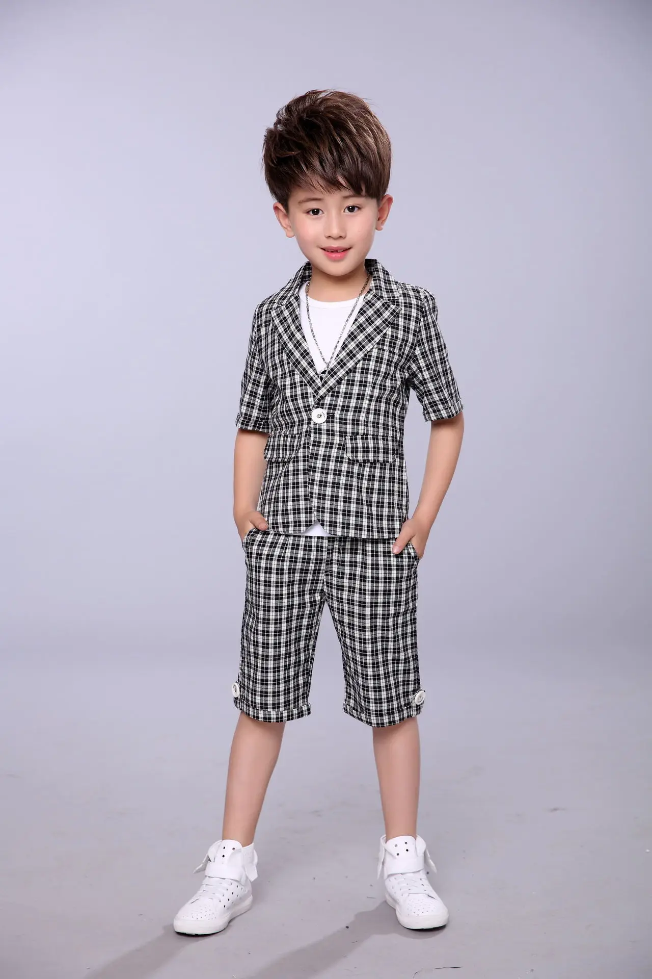 2022 Children Summer Formal Suit Boys Blazer+Shorts 2Pcs Photograph Set Kids Plaid Wedding Performance Dress Ceremony Costume