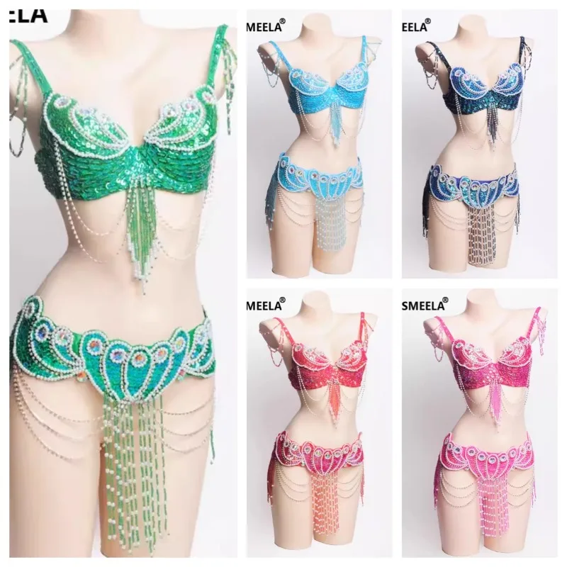 

Customized Handmade Bead Stage Belly Dance Costumes Bikini Set Bead Embroidery Belly Dance Bra Waist Seal Belt
