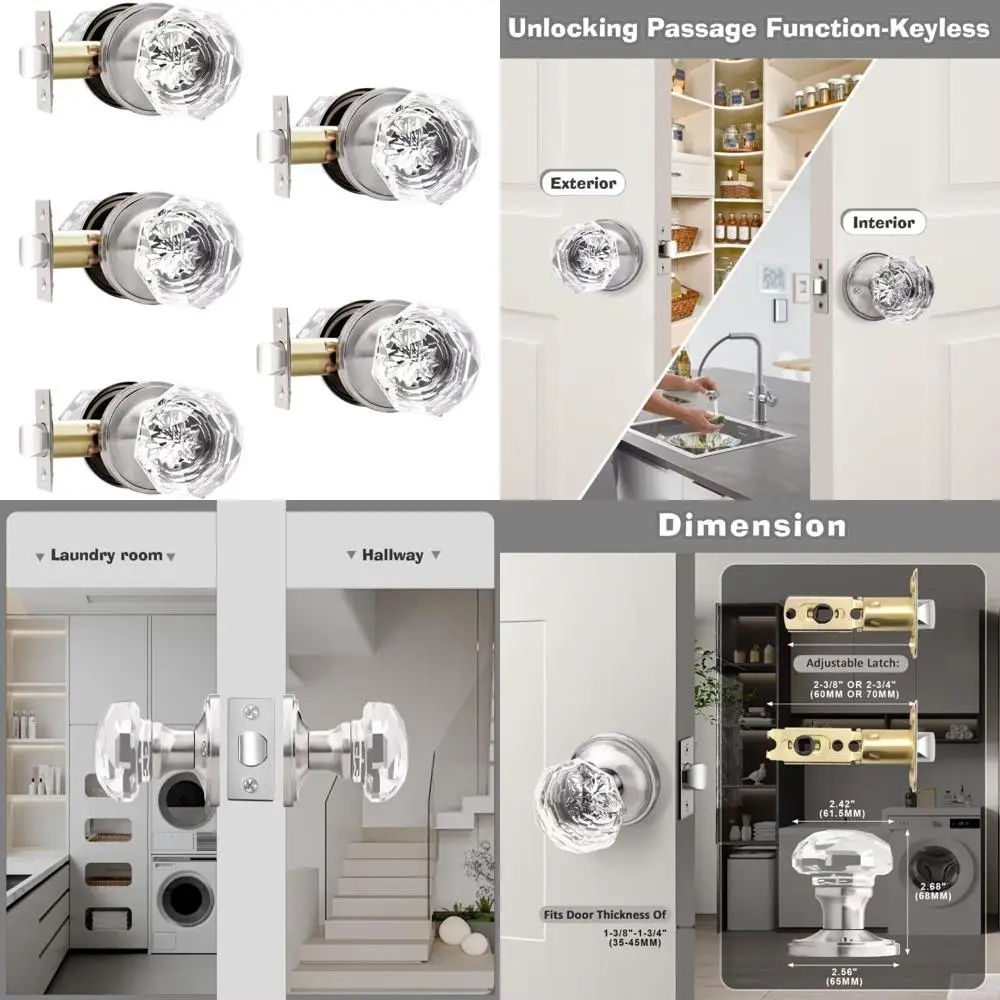 

Satin Nickel 5-Pack Crystal Interior Door Knobs for Closets - Clear Glass Passage Hardware with Modern Style