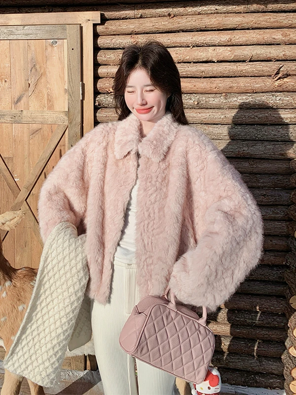 Pink Fluffy Lamb Fur Jaet Women's ort Sle Warmth Autumn Winter New Arrival Small Size Ele Loose Fit Long Sve Zipper